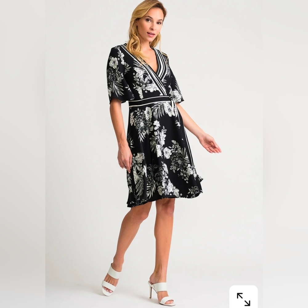 Black Floral Wrap Dress with Striped Trim